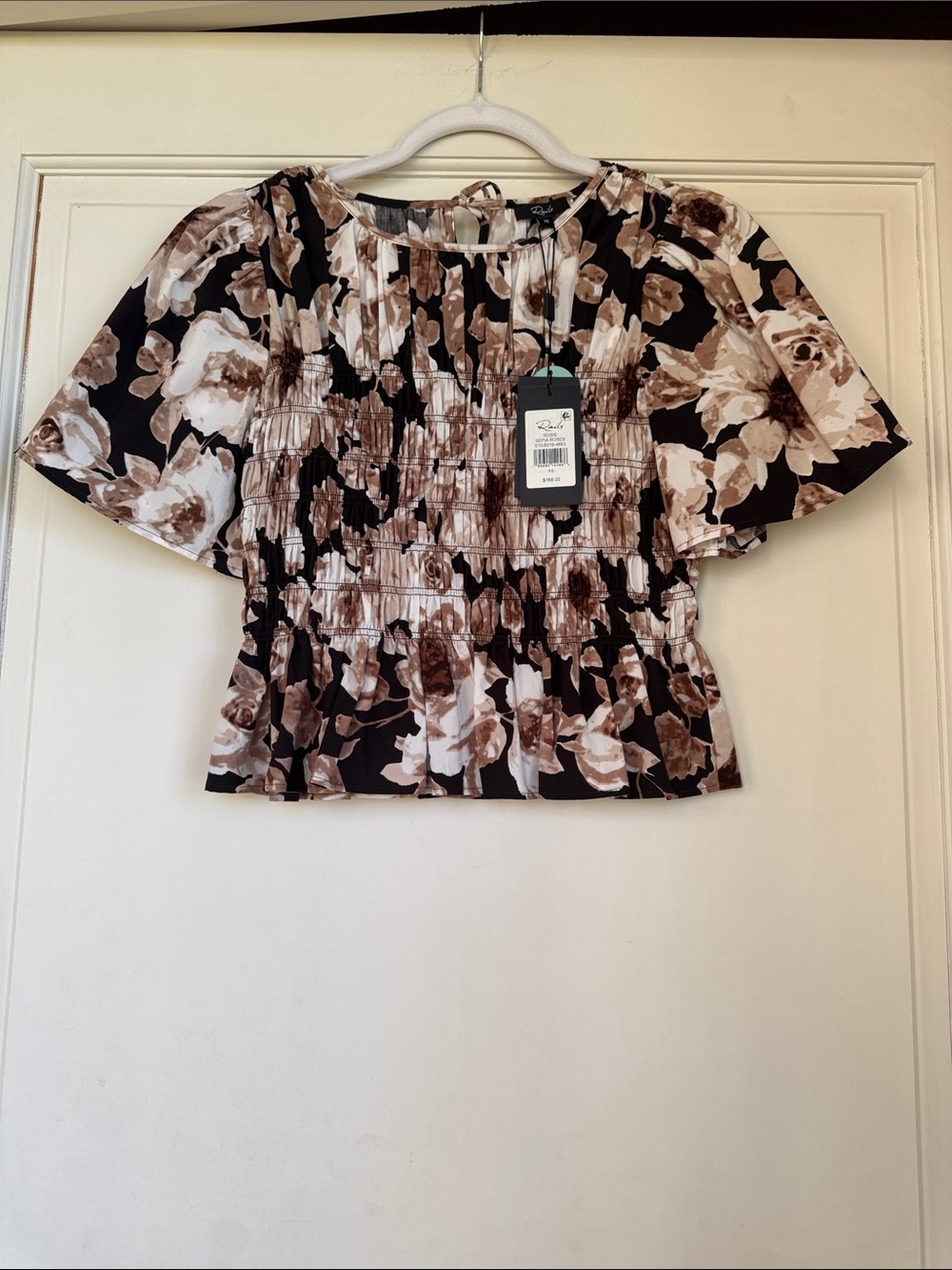 New With Tag Brown, Black and Cream Floral Smocked Short Sleeve Top By Rails
